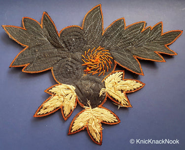 Floral Applique With Beige And Orange / Blue Embroidery, Beige, Brown And Bronze Sequins And White Pearl Beads